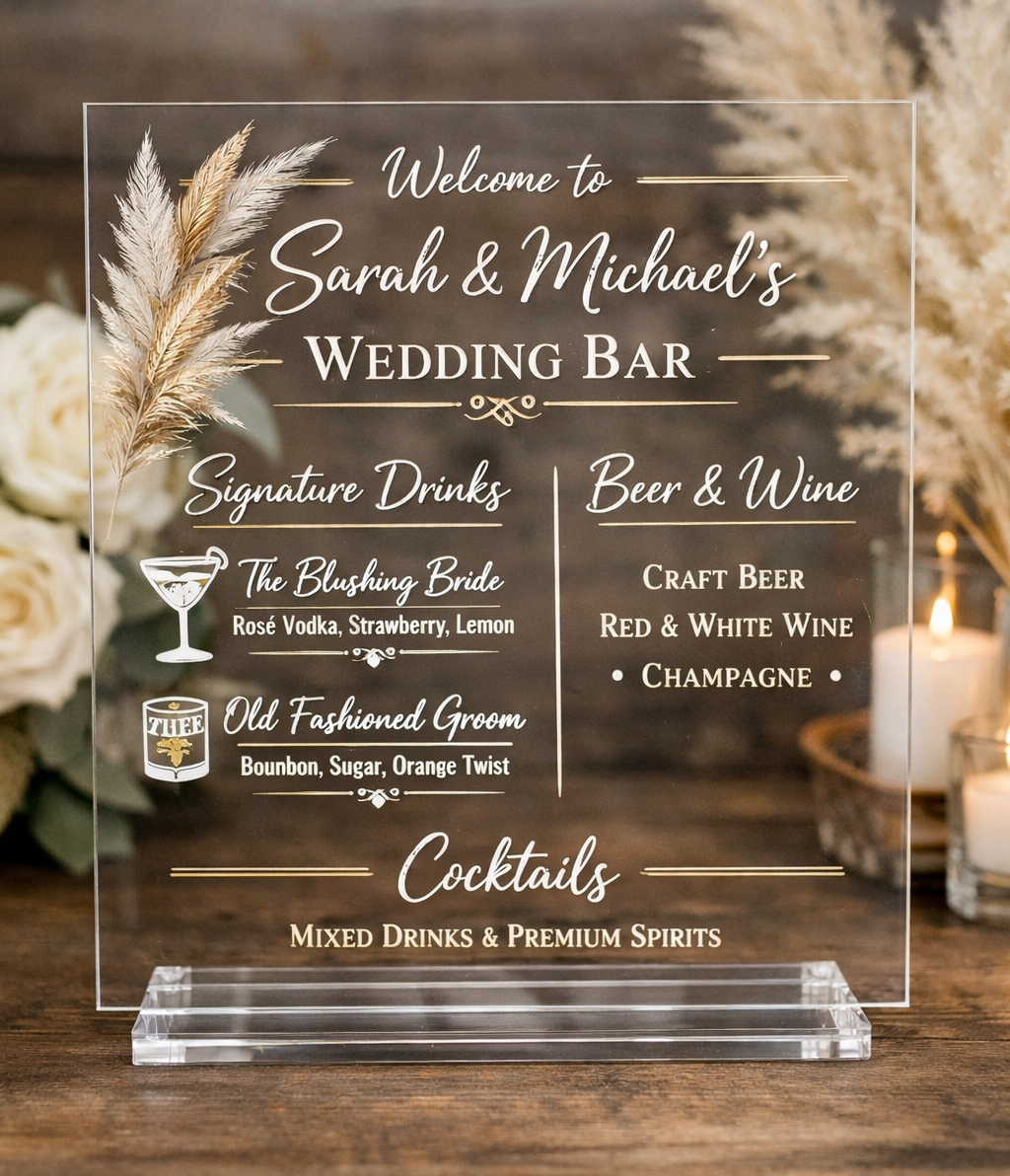Wedding bar sign with drink options on a wooden surface with flowers and candles.

